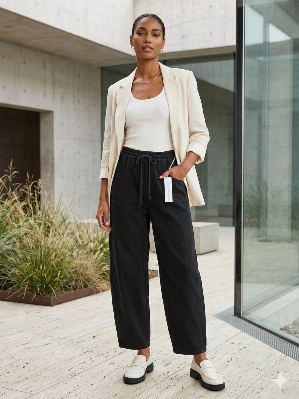 Young Fabulous & Broke Black Wide-Leg Drawstring Linen Pants with Casual Fit M